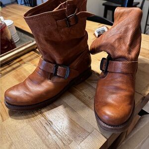 Frye Cognac Brown Leather Buckle Heeled Boots
